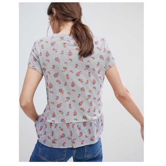 🔥 ASOS blue white striped red floral ruffle hem peplum short sleeve top - Picture 11 of 16